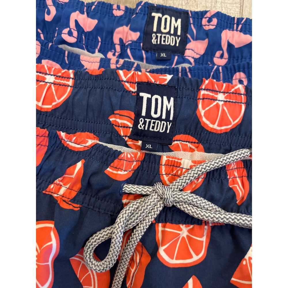 Tom & Teddy Mens Swim Trunks Bundle XL Navy Flamingo Orange Citrus 2 Pack